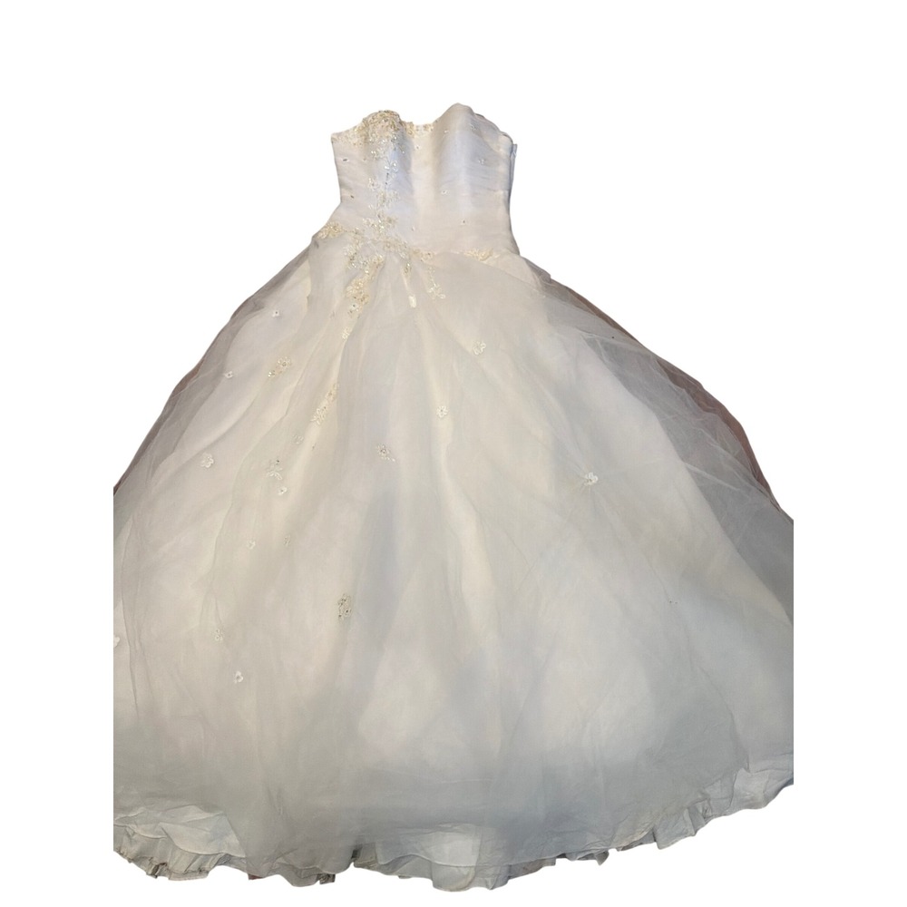 Precious Formals White Strapless Beaded Lace Tulle Ball Gown Wedding Dress 10